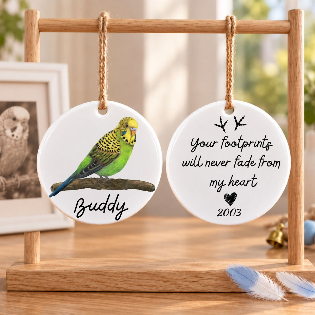 Green Budgie on Branch Ceramic Ornament - MerikaArt