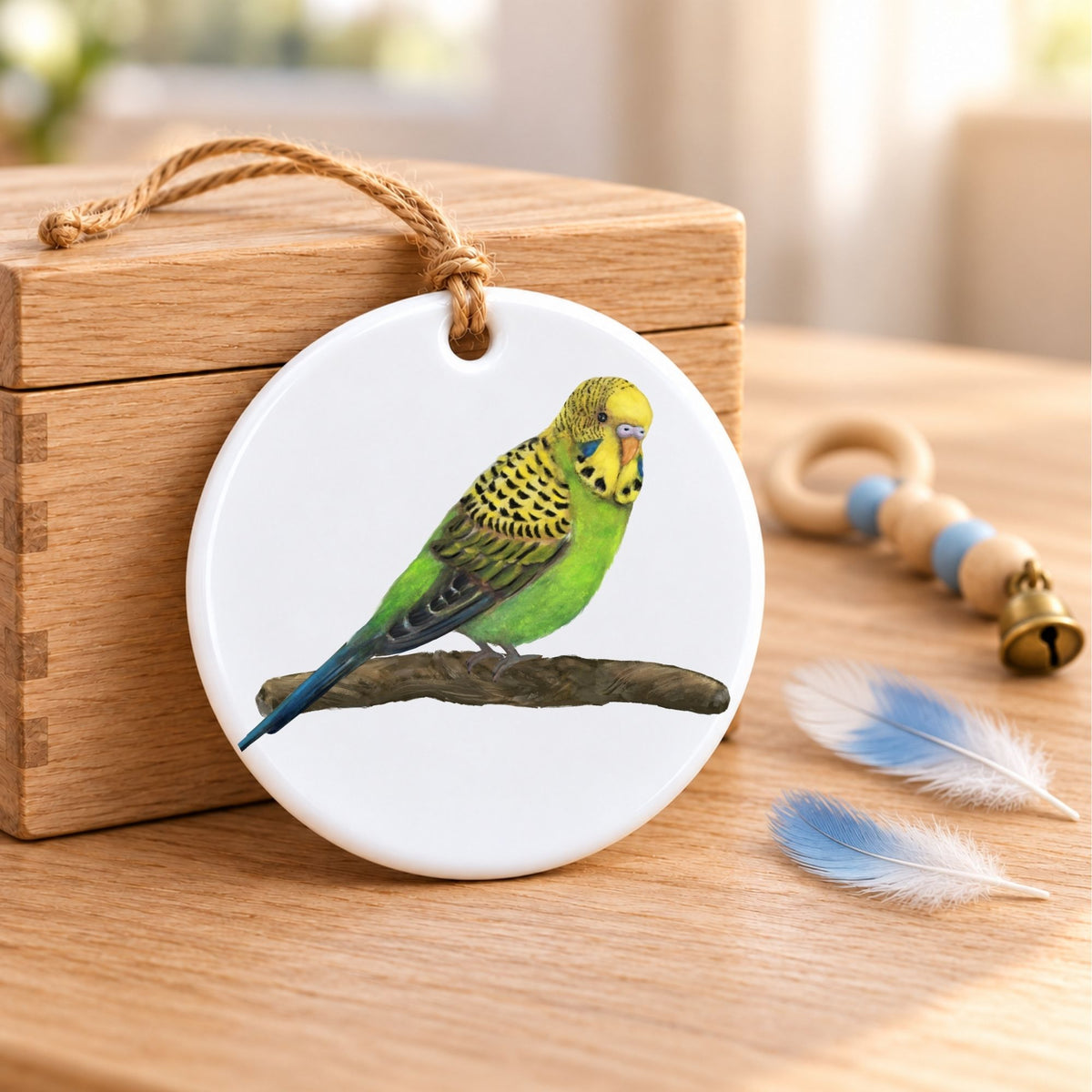 Green Budgie on Branch Ceramic Ornament - MerikaArt
