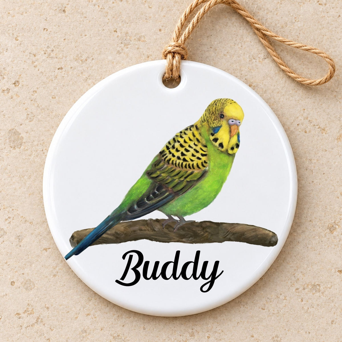 Green Budgie on Branch Ceramic Ornament - MerikaArt