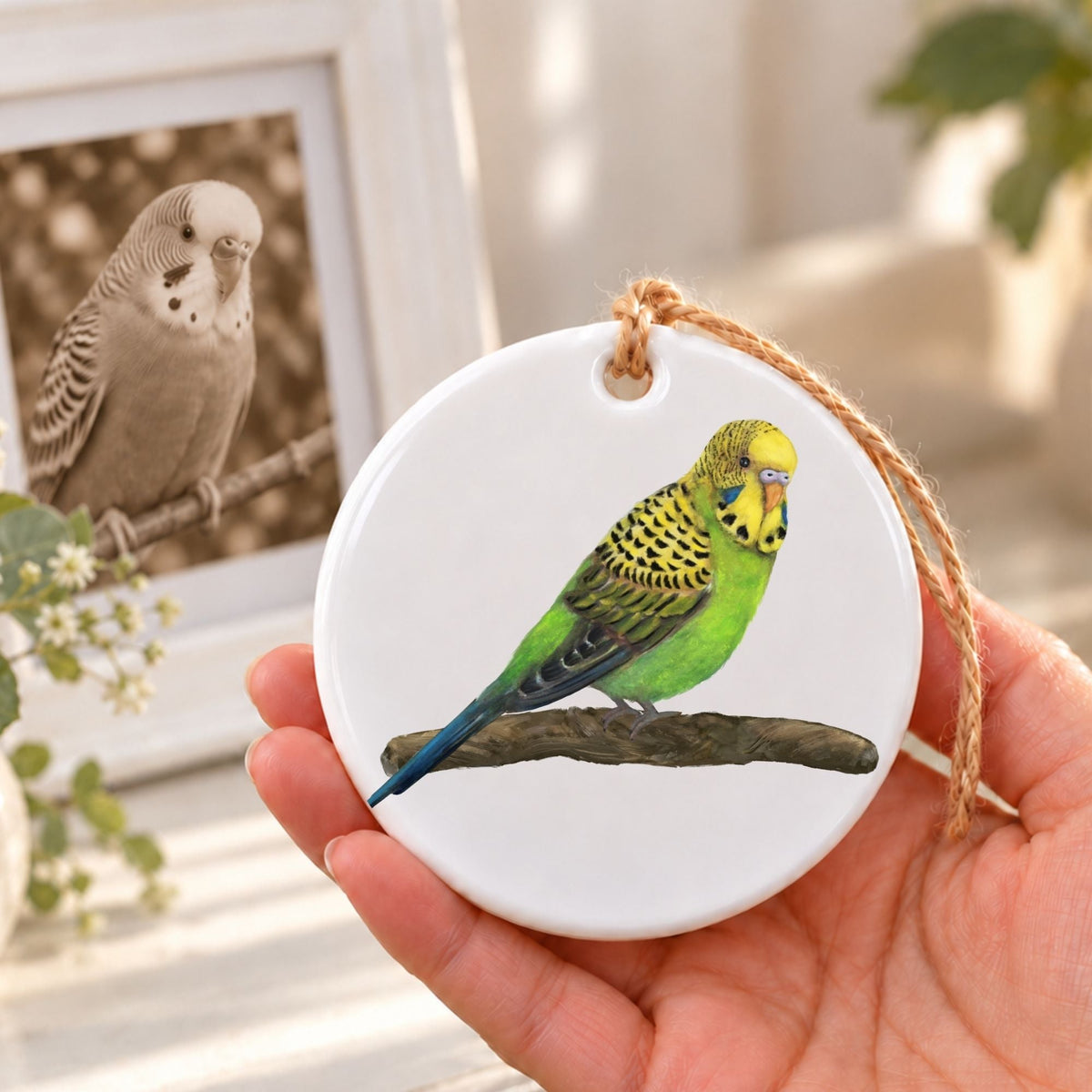 Green Budgie on Branch Ceramic Ornament - MerikaArt