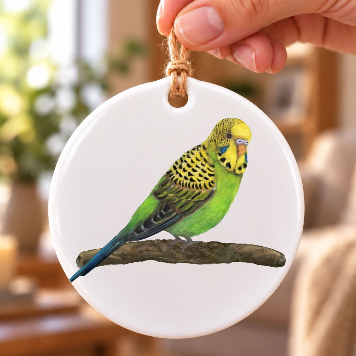 Green Budgie on Branch Ceramic Ornament - MerikaArt