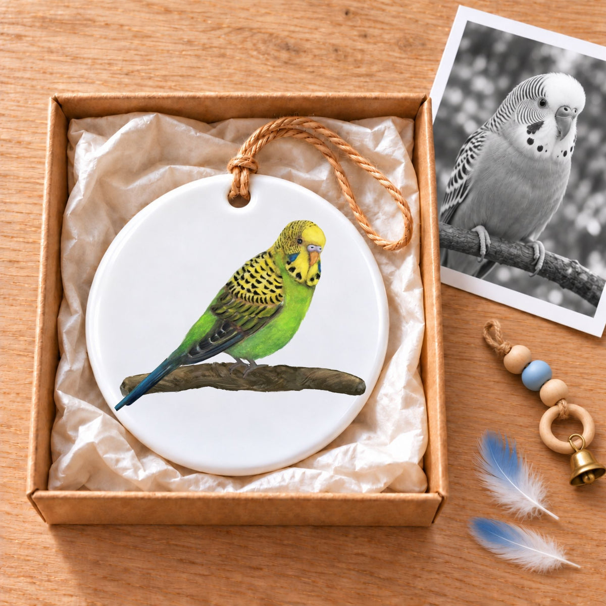 Green Budgie on Branch Ceramic Ornament - MerikaArt