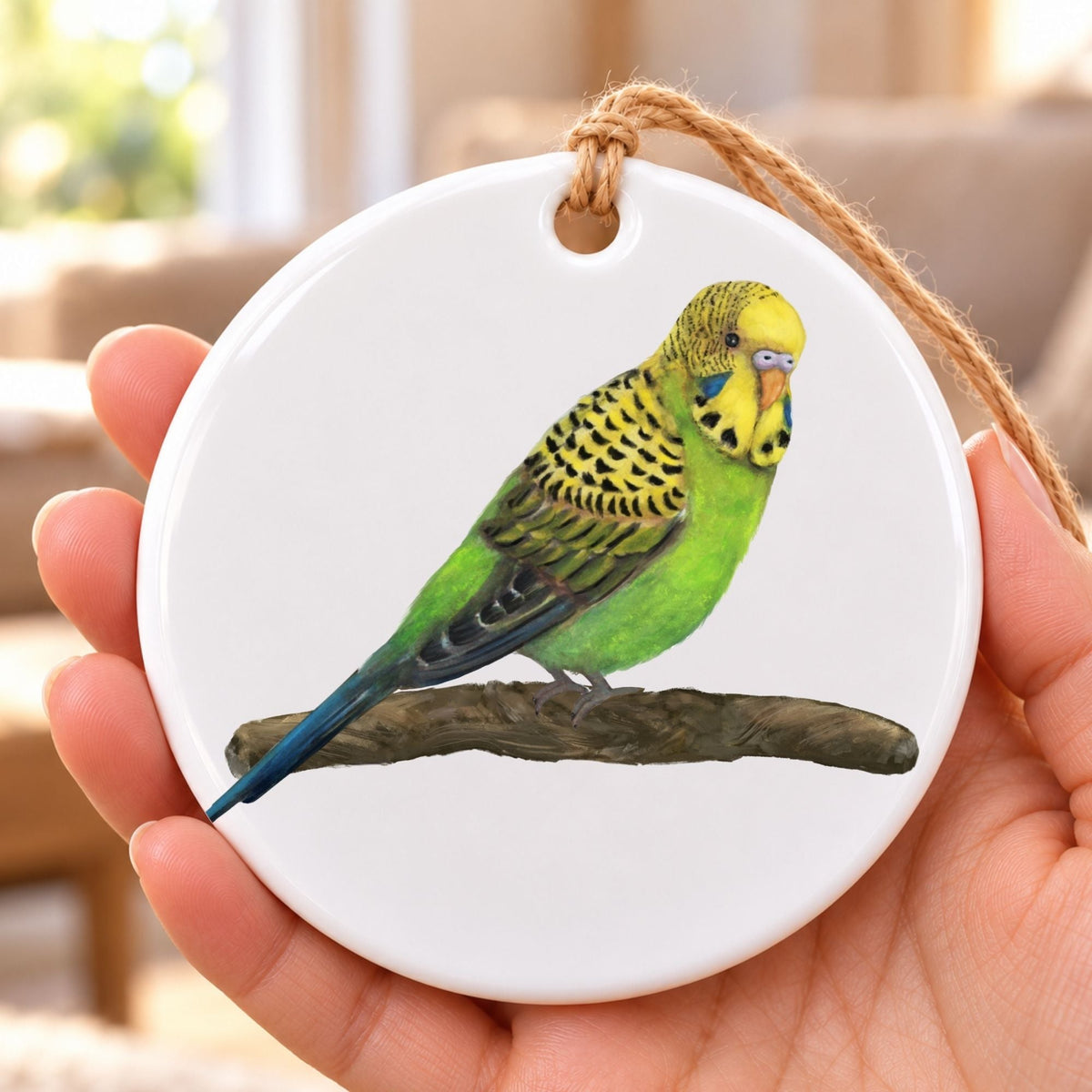 Green Budgie on Branch Ceramic Ornament - MerikaArt