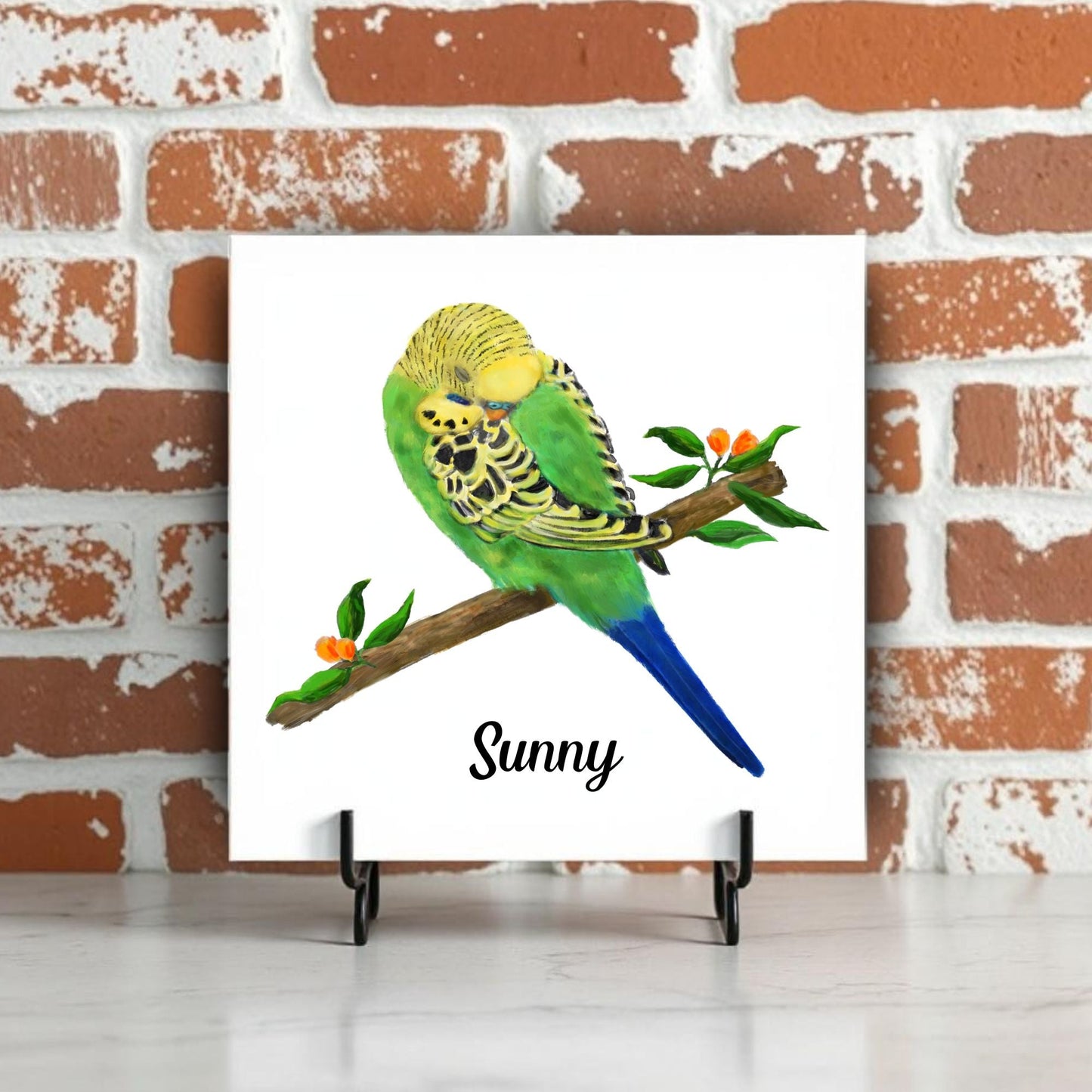 Green Budgie on Branch Ceramic Tile – Handcrafted Bird Art Decor - MerikaArt