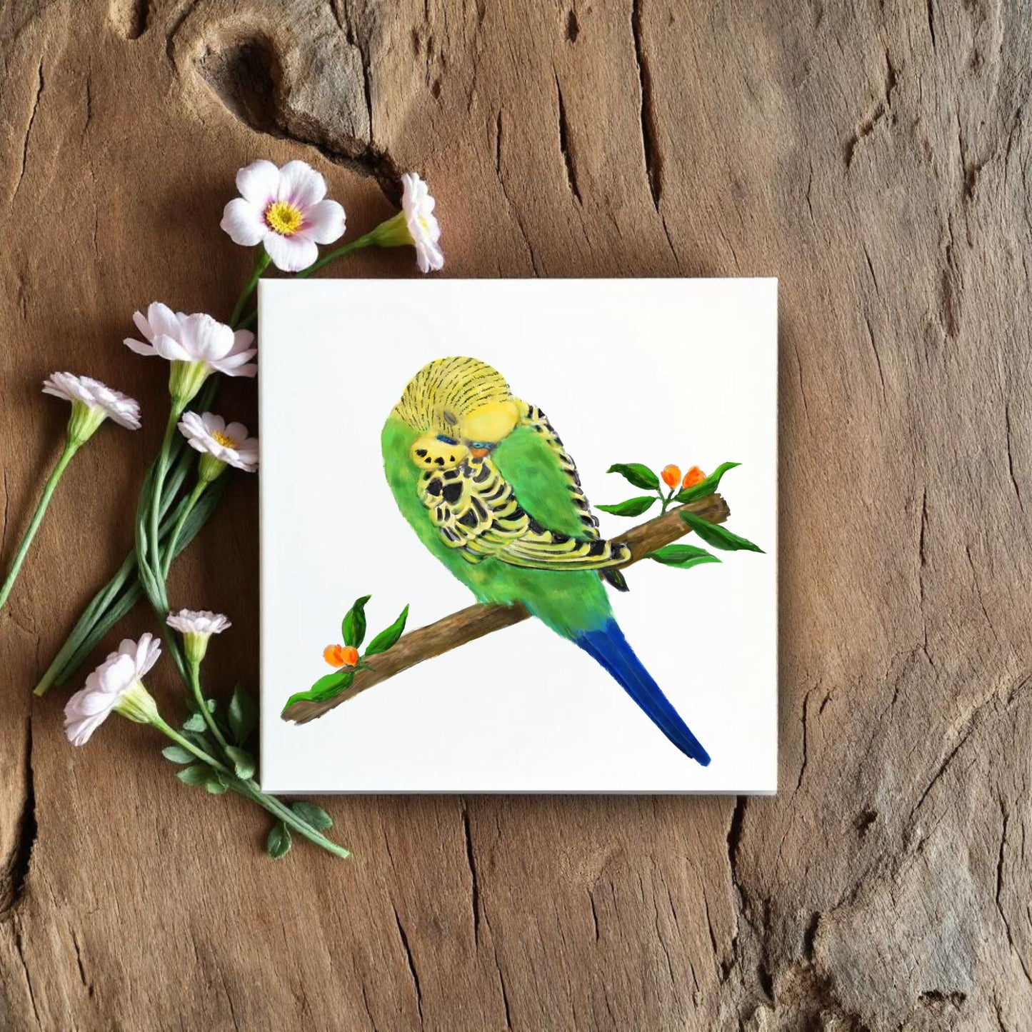 Green Budgie on Branch Ceramic Tile – Handcrafted Bird Art Decor - MerikaArt