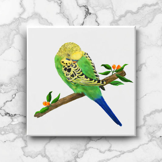 Green Budgie on Branch Ceramic Tile – Handcrafted Bird Art Decor - MerikaArt