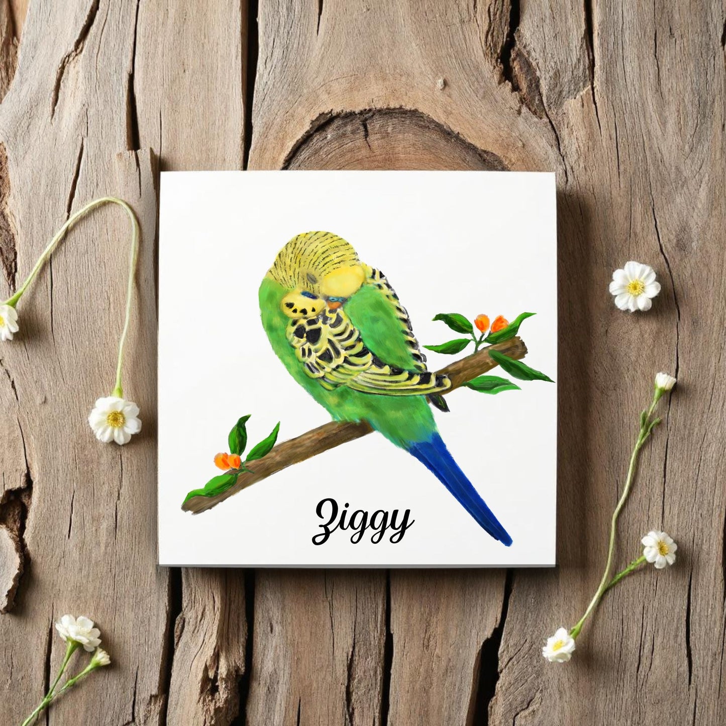 Green Budgie on Branch Ceramic Tile – Handcrafted Bird Art Decor - MerikaArt