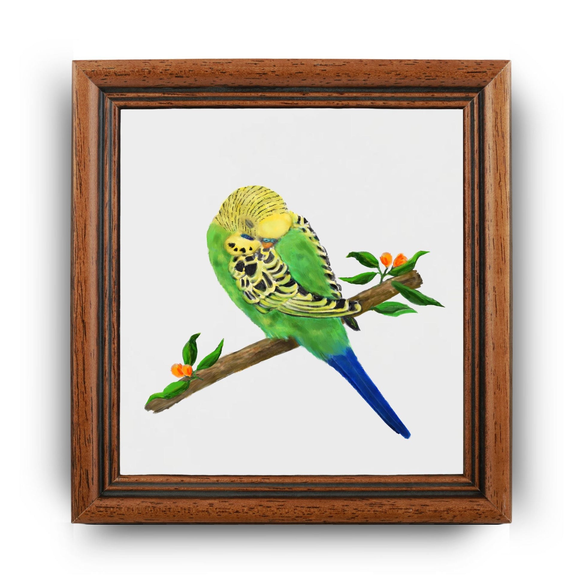 Green Budgie on Branch Ceramic Tile – Handcrafted Bird Art Decor - MerikaArt