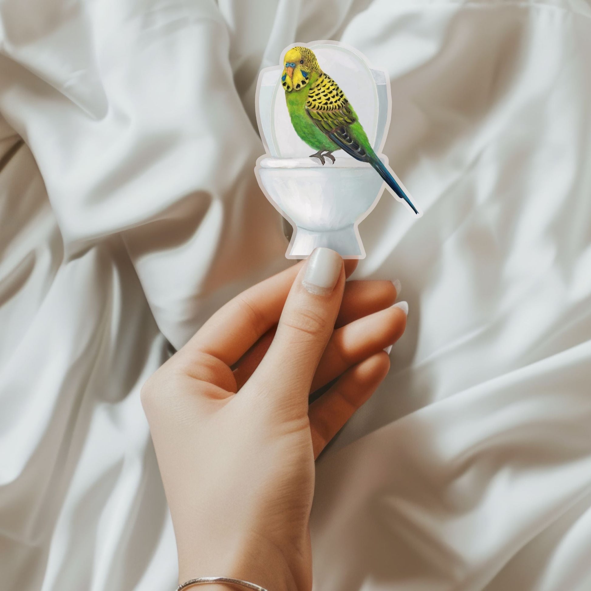 Green Budgie on Toilet Vinyl Sticker - MerikaArt