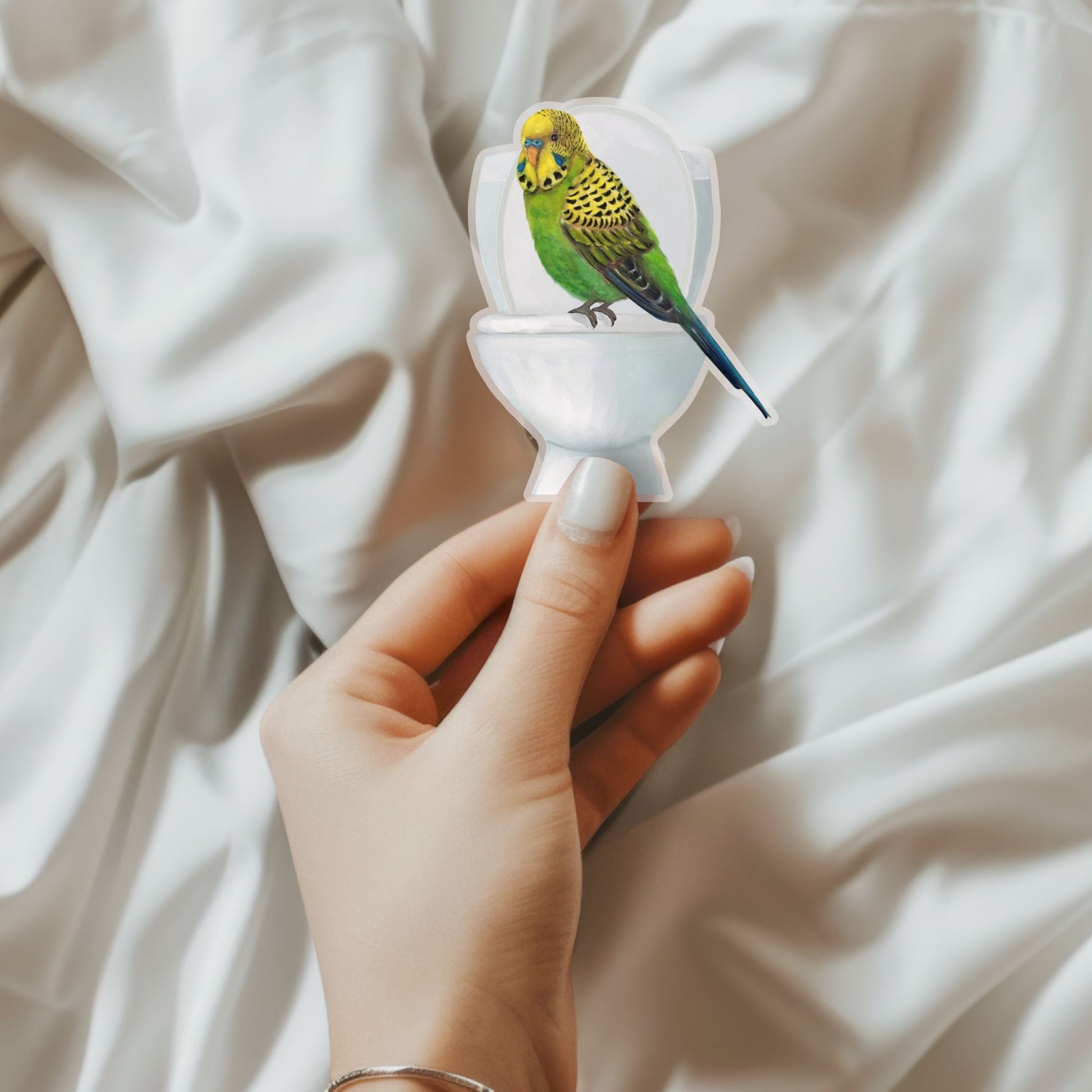 Green Budgie on Toilet Vinyl Sticker - MerikaArt