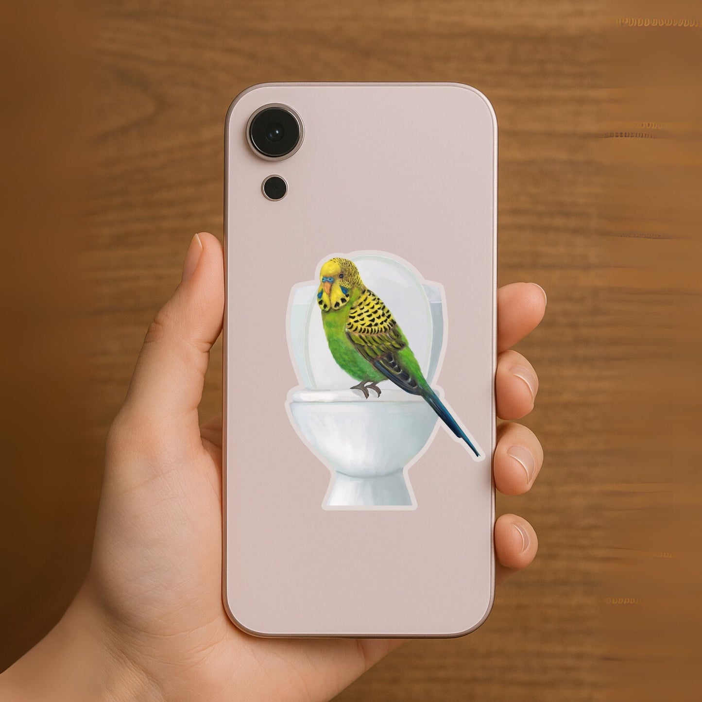 Green Budgie on Toilet Vinyl Sticker - MerikaArt