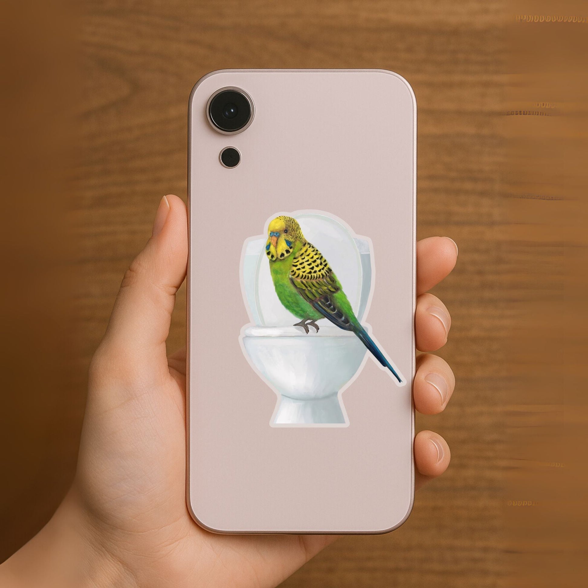 Green Budgie on Toilet Vinyl Sticker - MerikaArt