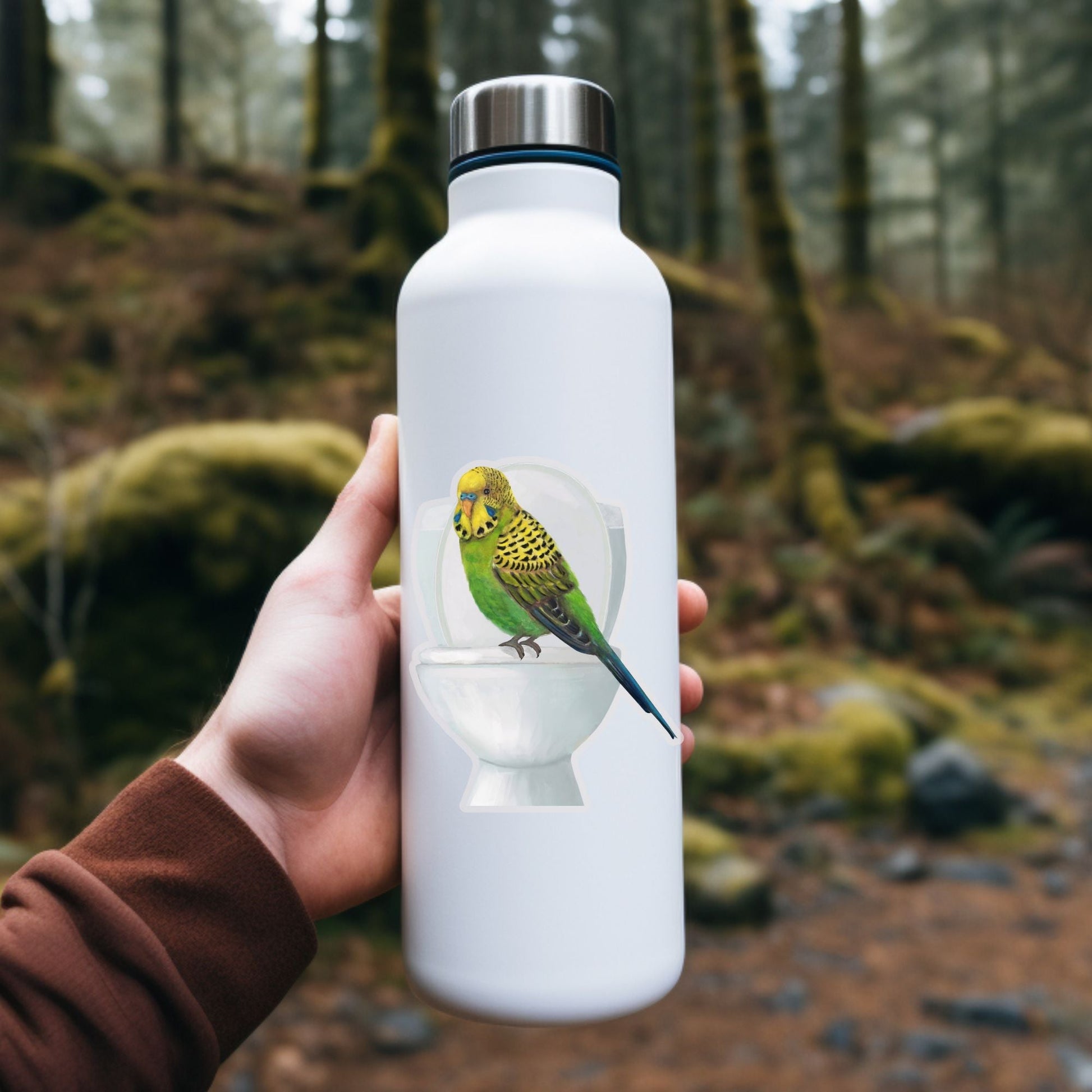 Green Budgie on Toilet Vinyl Sticker - MerikaArt