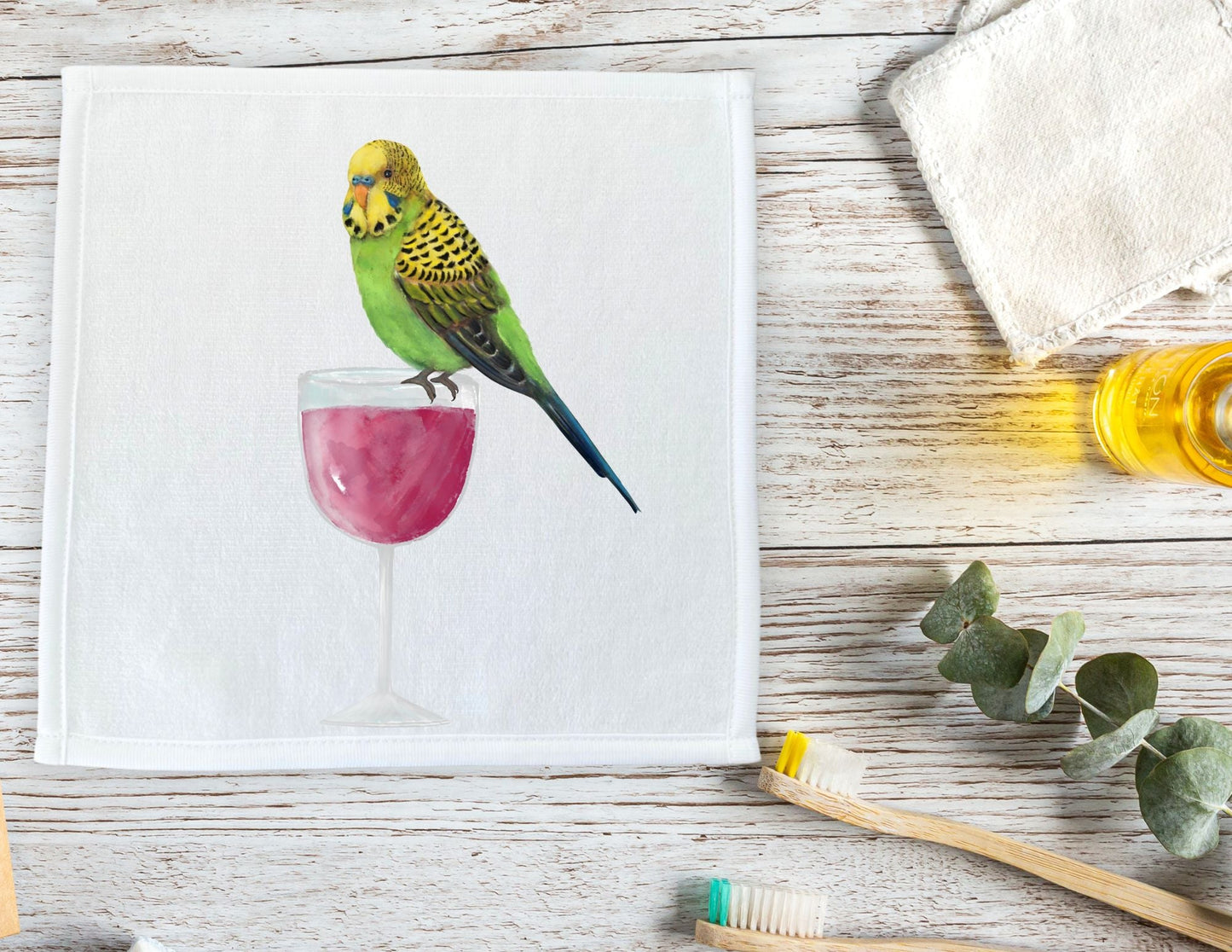 Green Budgie on Wine Glass Washcloth - MerikaArt