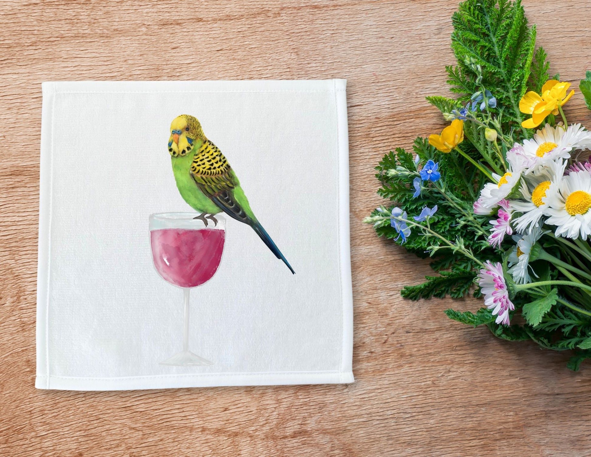 Green Budgie on Wine Glass Washcloth - MerikaArt