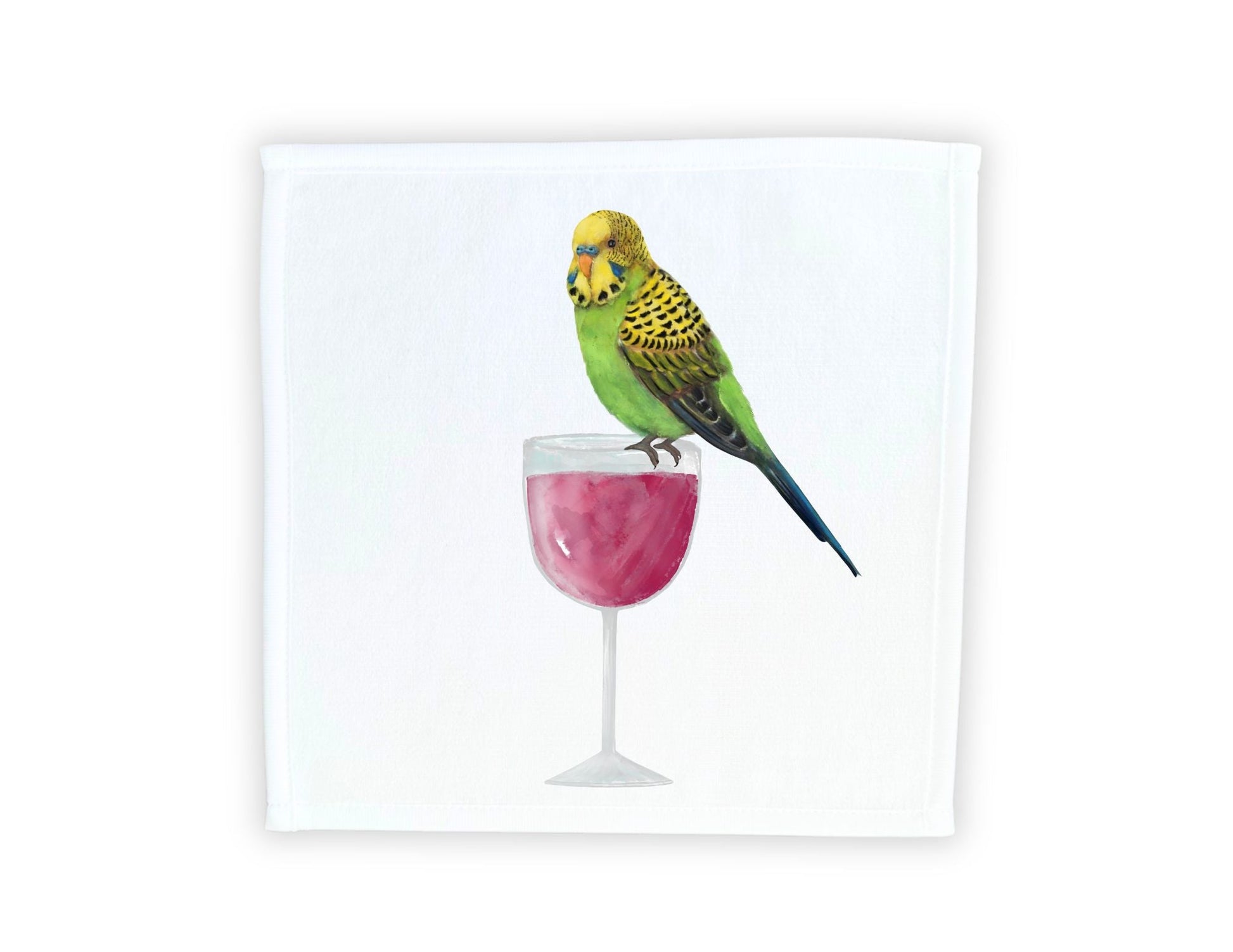 Green Budgie on Wine Glass Washcloth - MerikaArt