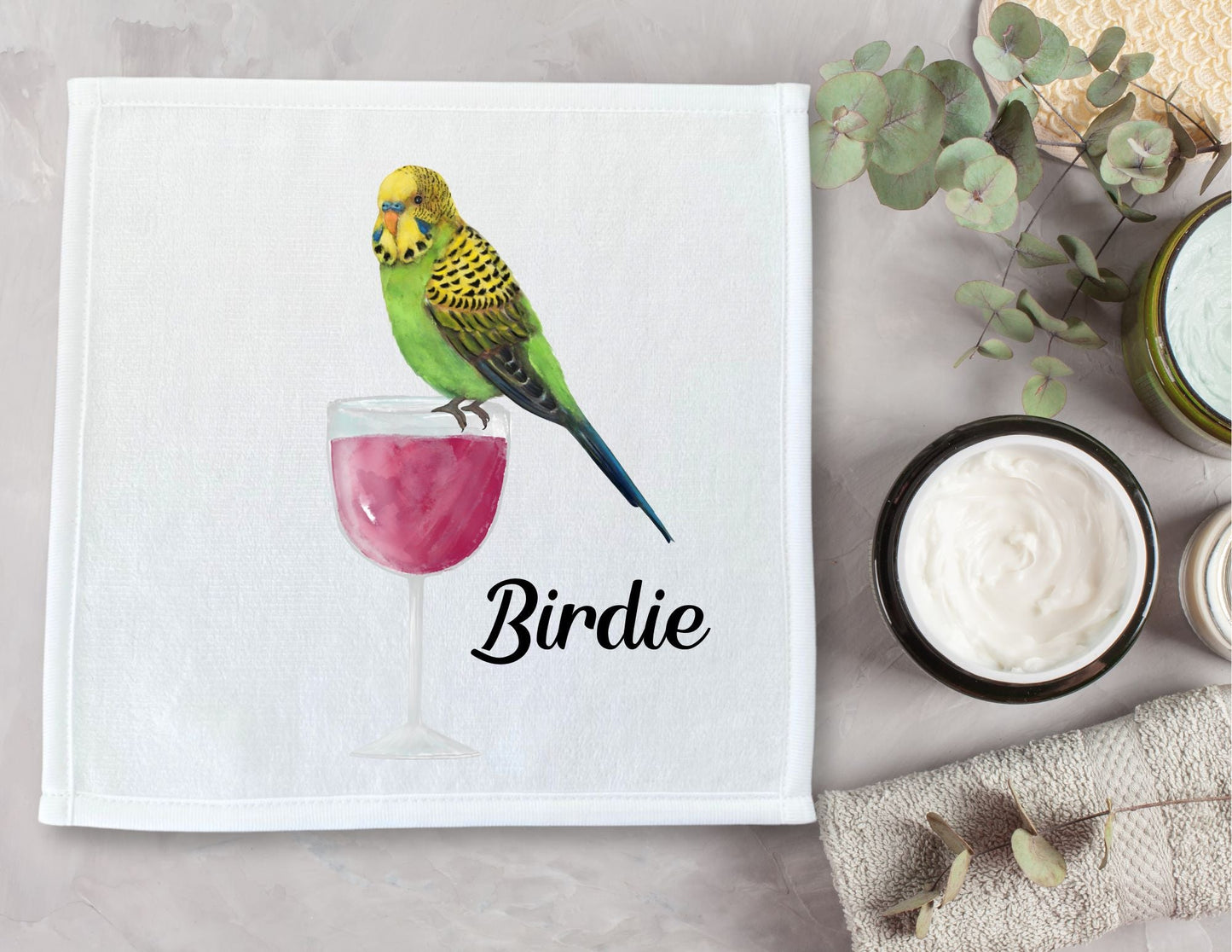 Green Budgie on Wine Glass Washcloth - MerikaArt