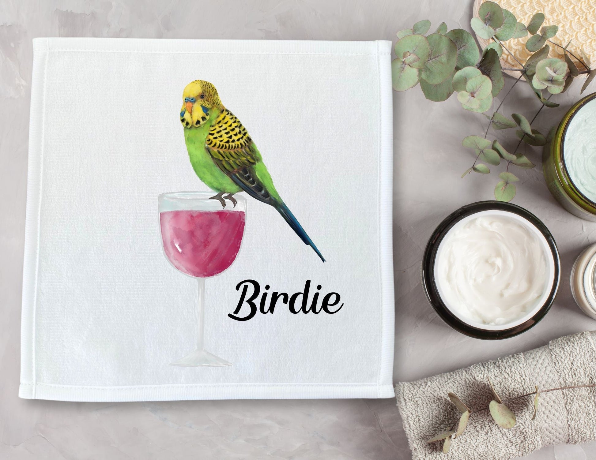 Green Budgie on Wine Glass Washcloth - MerikaArt