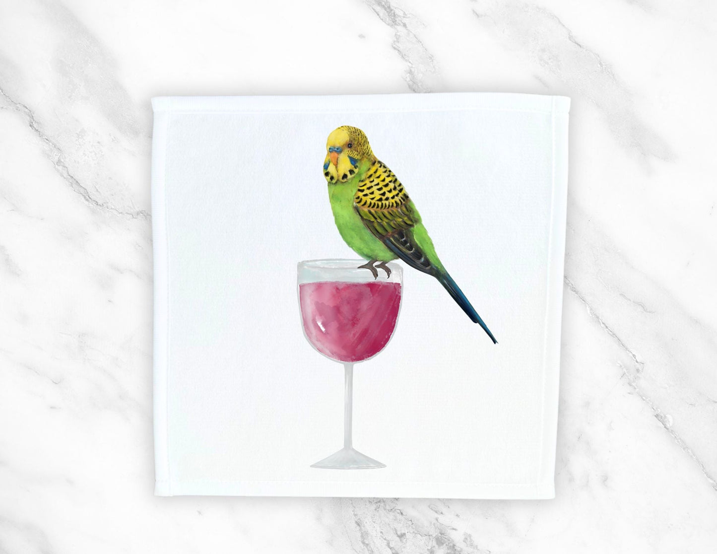 Green Budgie on Wine Glass Washcloth - MerikaArt