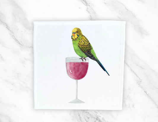 Green Budgie on Wine Glass Washcloth - MerikaArt