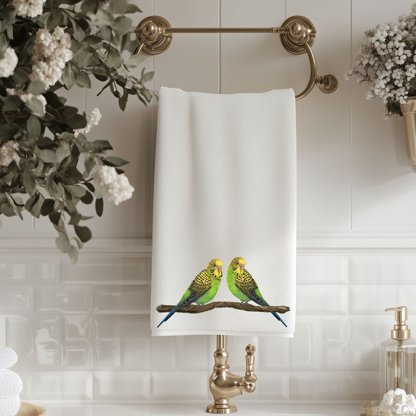 Green Budgie Pair Bathroom Towel - MerikaArt