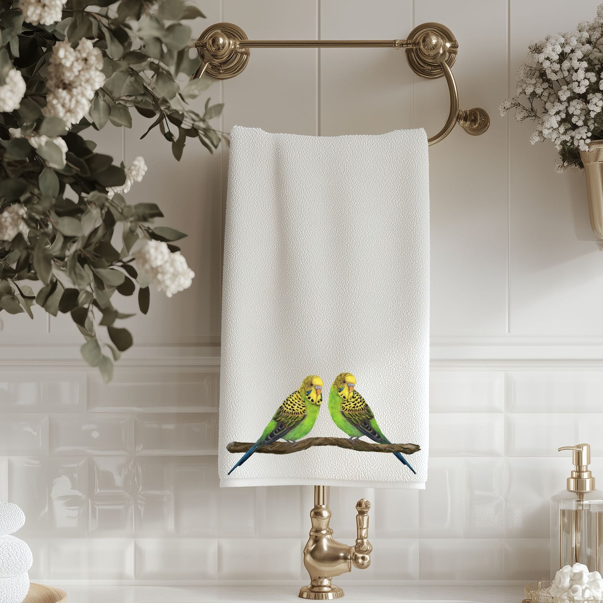 Green Budgie Pair Bathroom Towel - MerikaArt