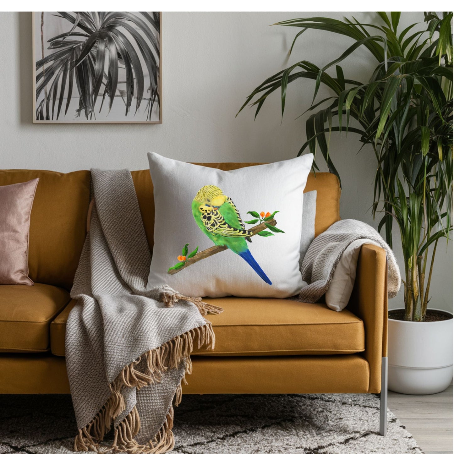 Green Budgie Pillow - MerikaArt