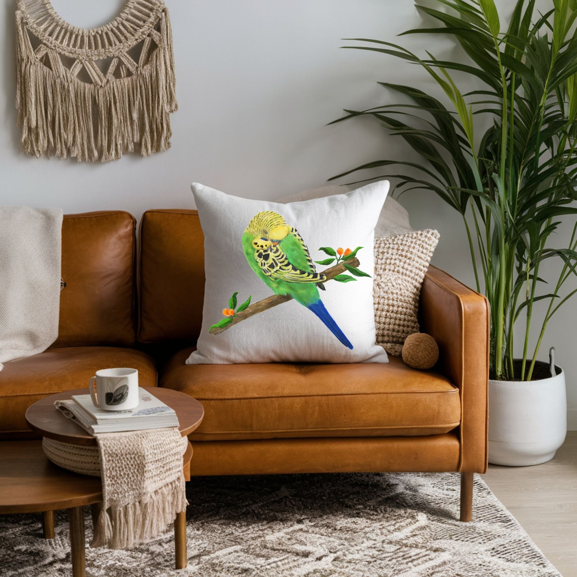 Green Budgie Pillow - MerikaArt