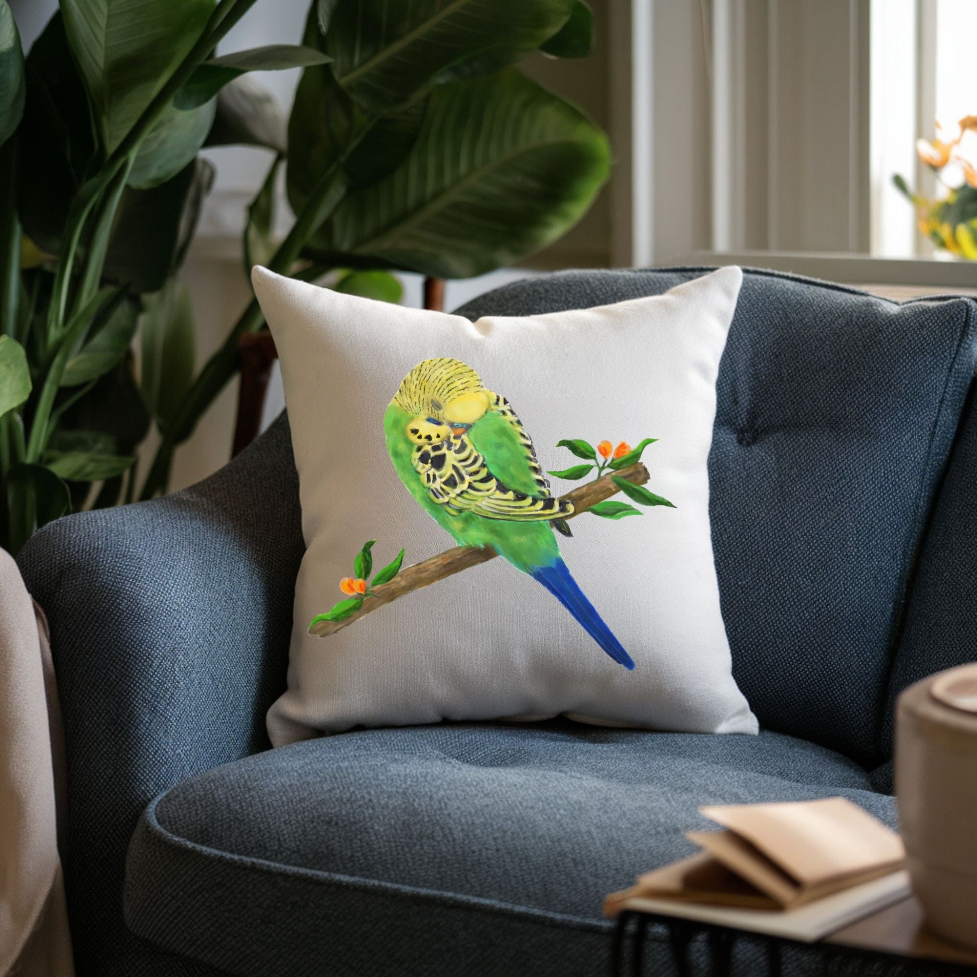 Green Budgie Pillow - MerikaArt