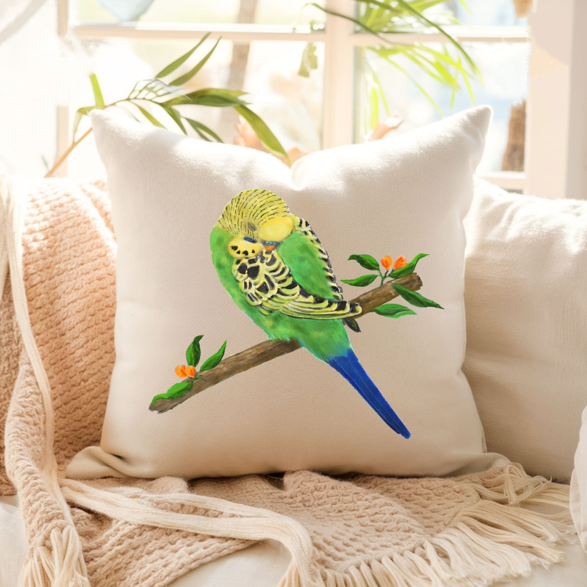 Green Budgie Pillow - MerikaArt