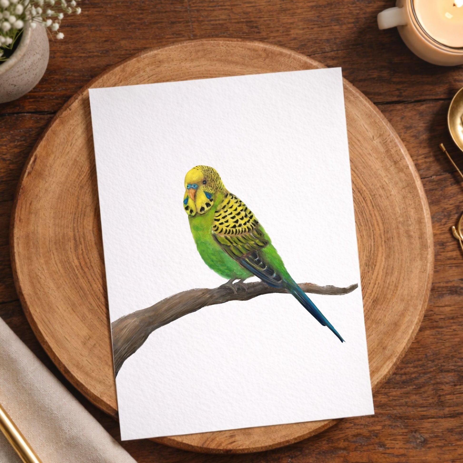 Green Budgie Postcard - MerikaArt