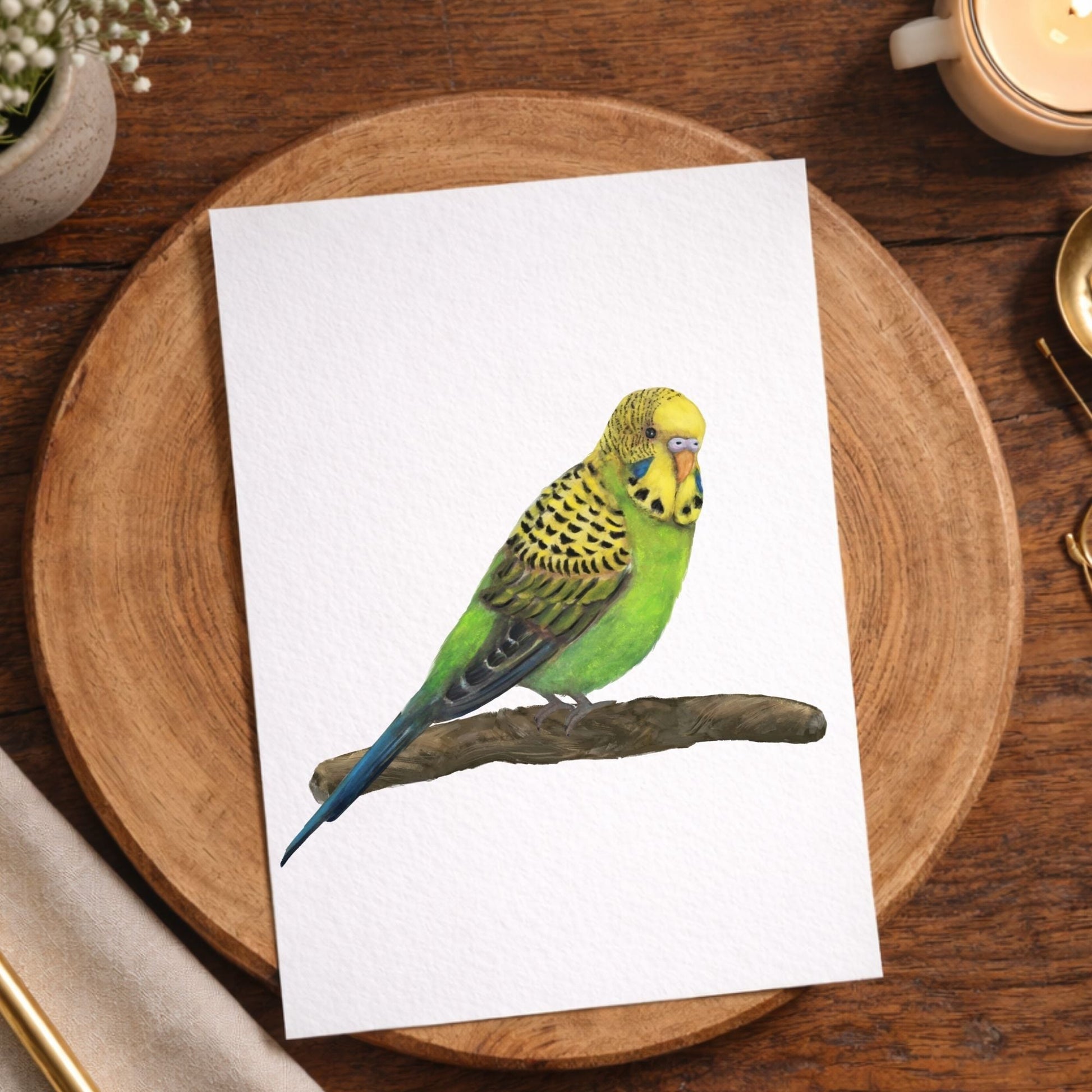 Green Budgie Postcard - MerikaArt