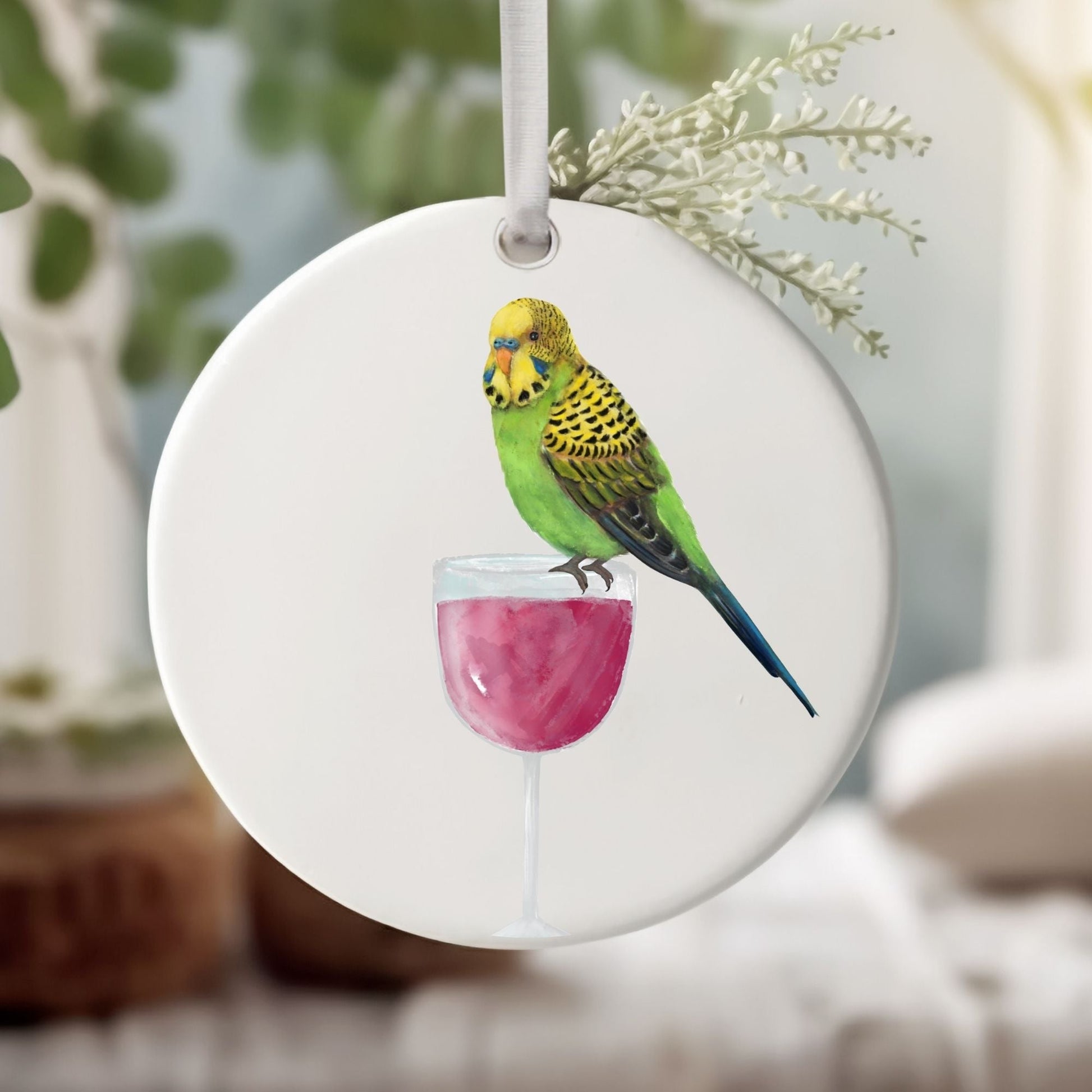 Green Budgie with Wine Glass Ornament - MerikaArt
