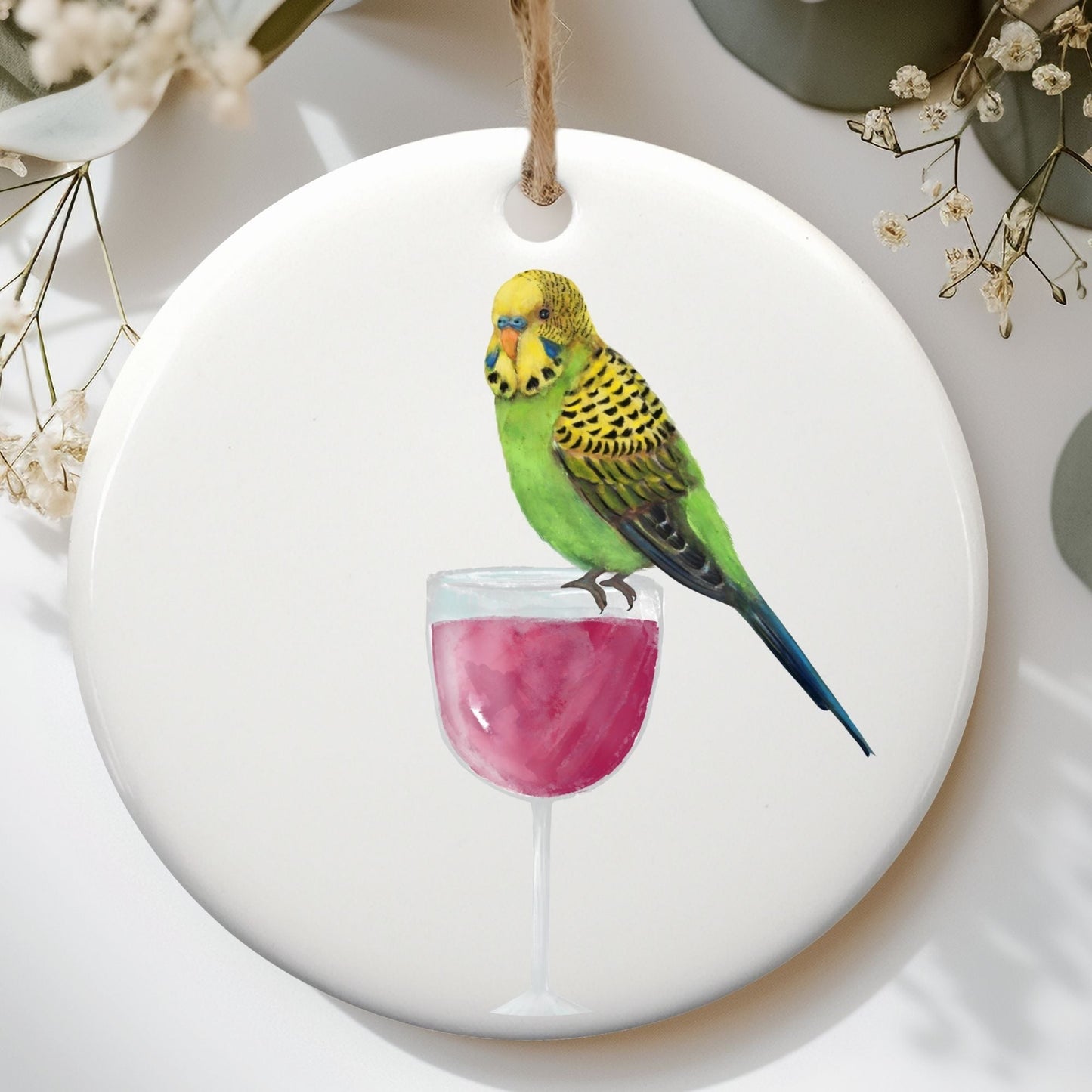 Green Budgie with Wine Glass Ornament - MerikaArt