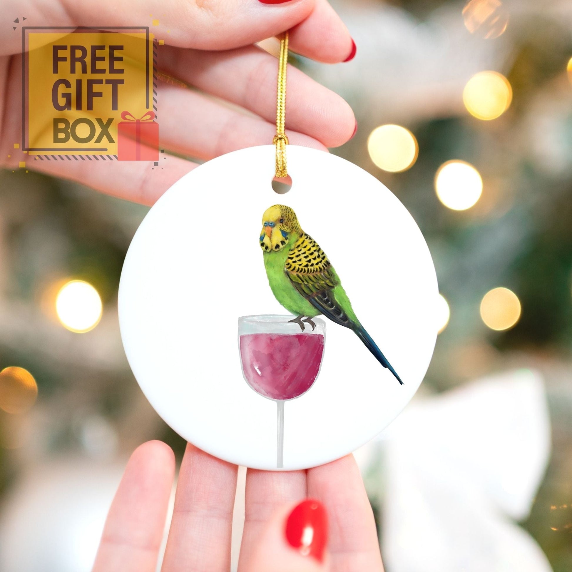 Green Budgie with Wine Glass Ornament - MerikaArt
