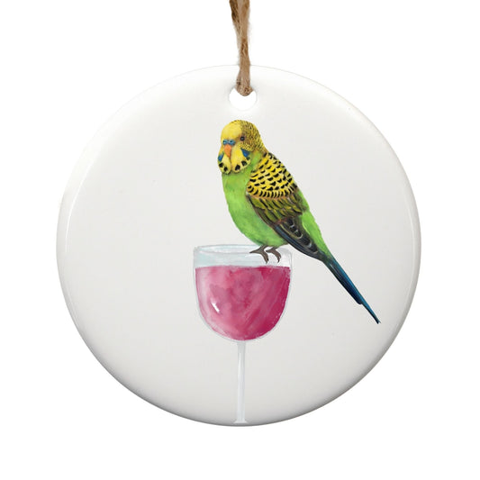Green Budgie with Wine Glass Ornament - MerikaArt