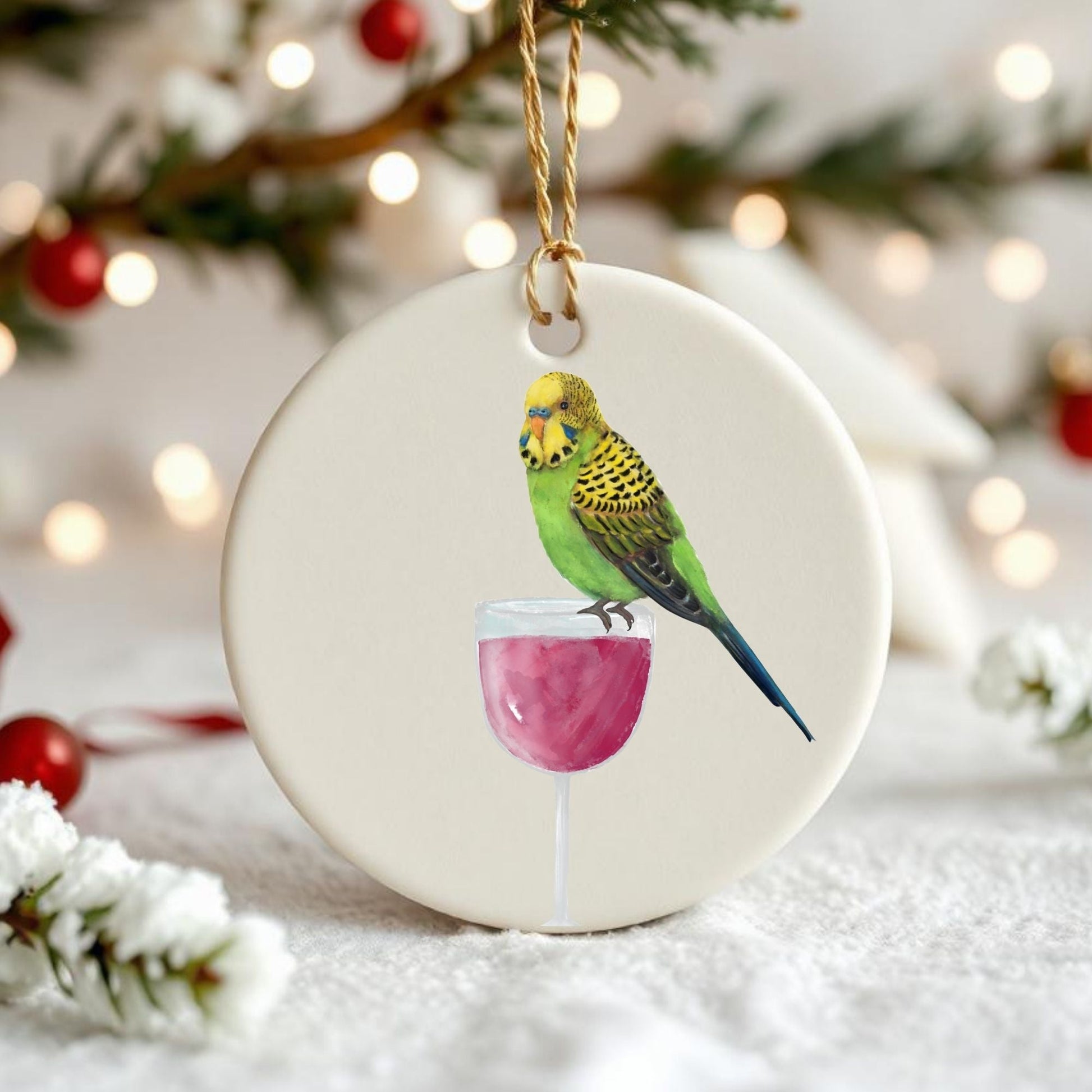 Green Budgie with Wine Glass Ornament - MerikaArt