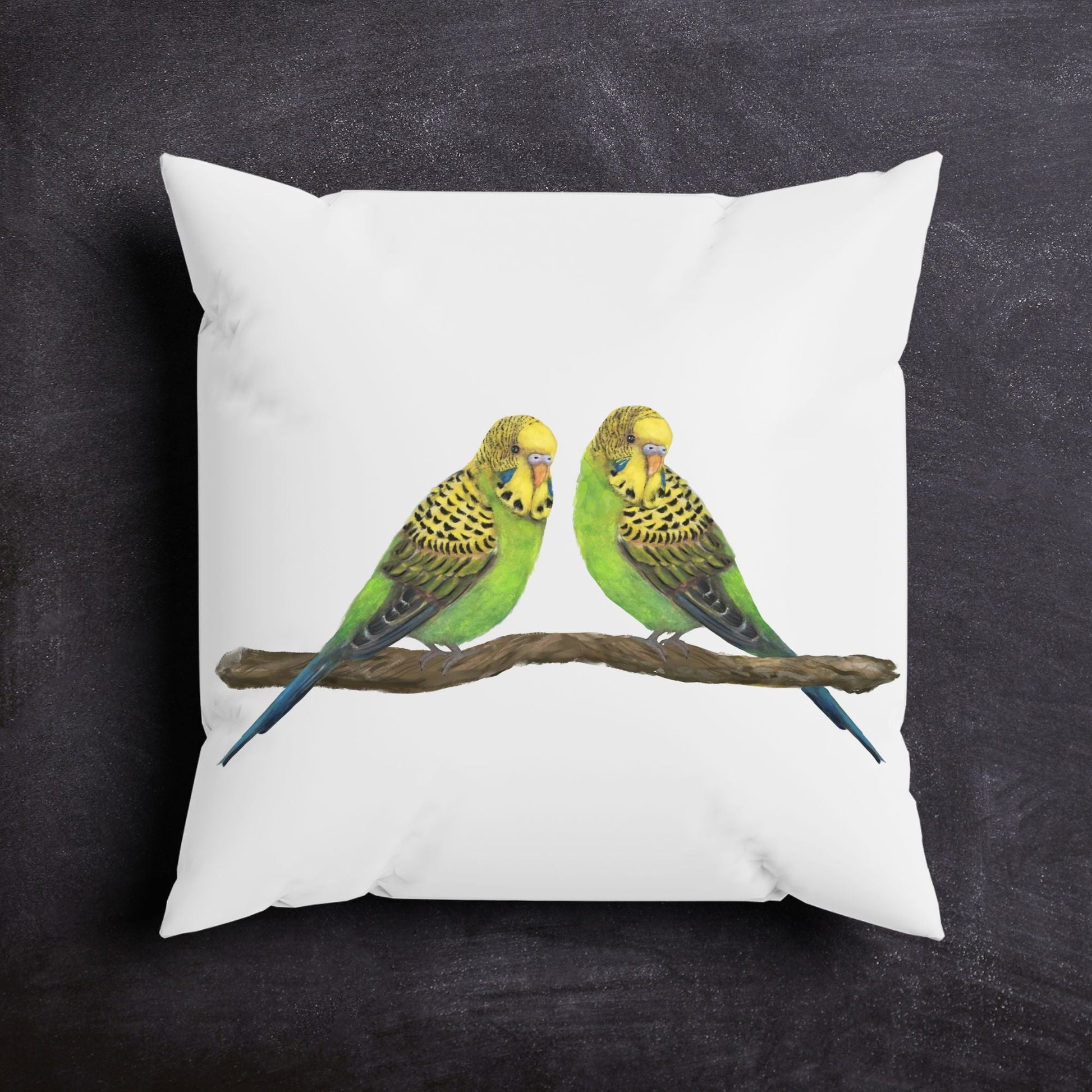 Green Budgies Bird Pillow - MerikaArt