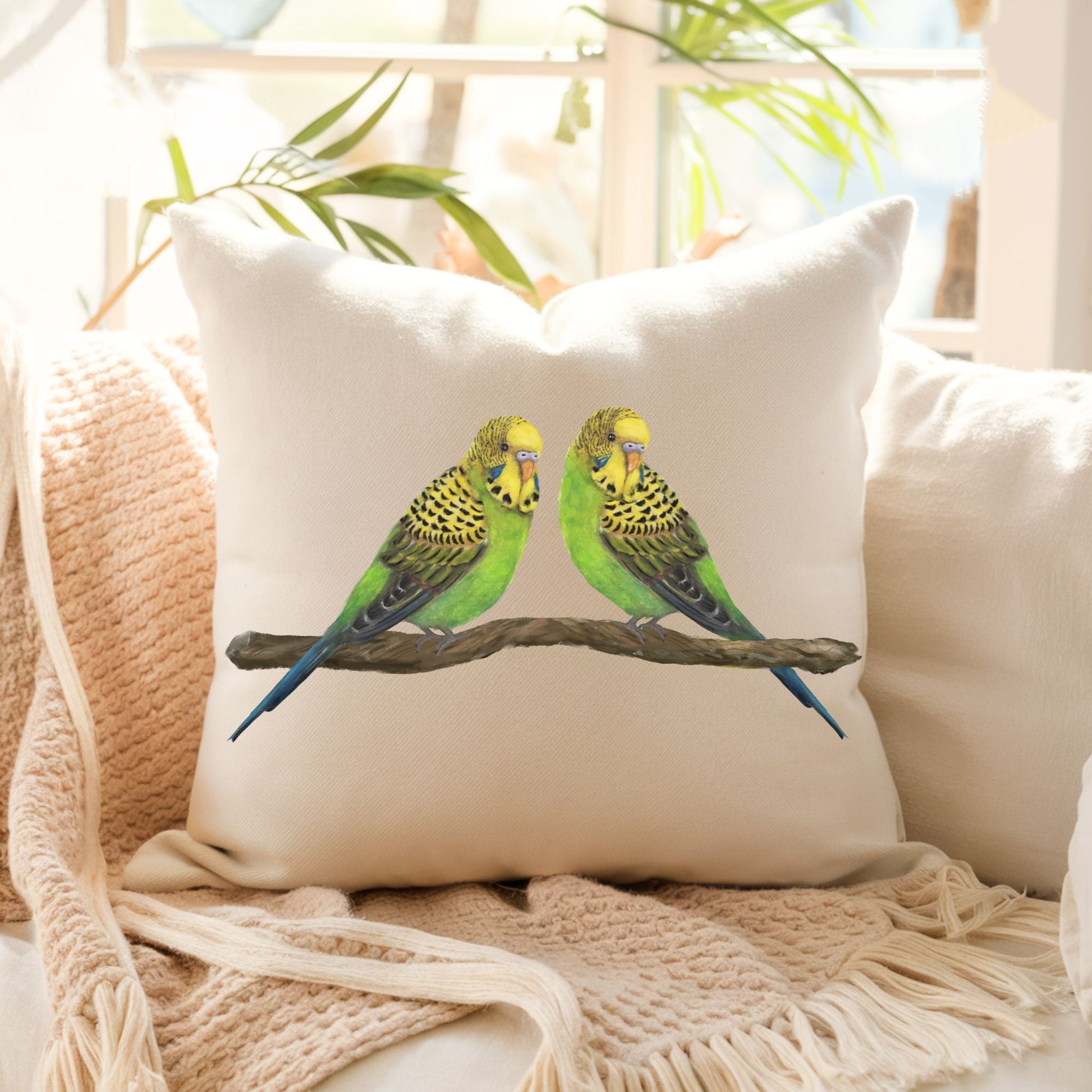 Green Budgies Bird Pillow - MerikaArt