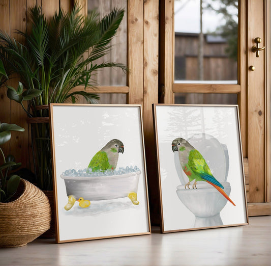 Green Cheek Conure Bathroom Set of 2, Parrot On Toilet Print, Bird In Bathroom, Animal Bathroom Wall Art, Bird Memorial Painting, Bird Lover - MerikaArt