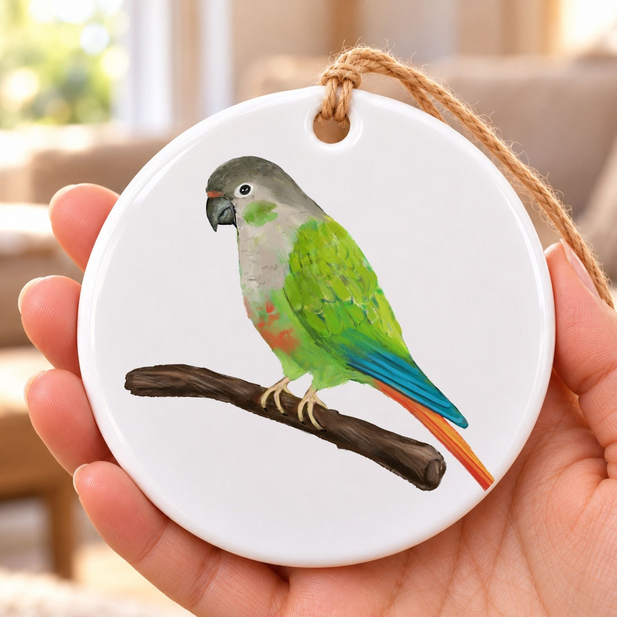 Green Cheek Conure Ceramic Ornament - MerikaArt
