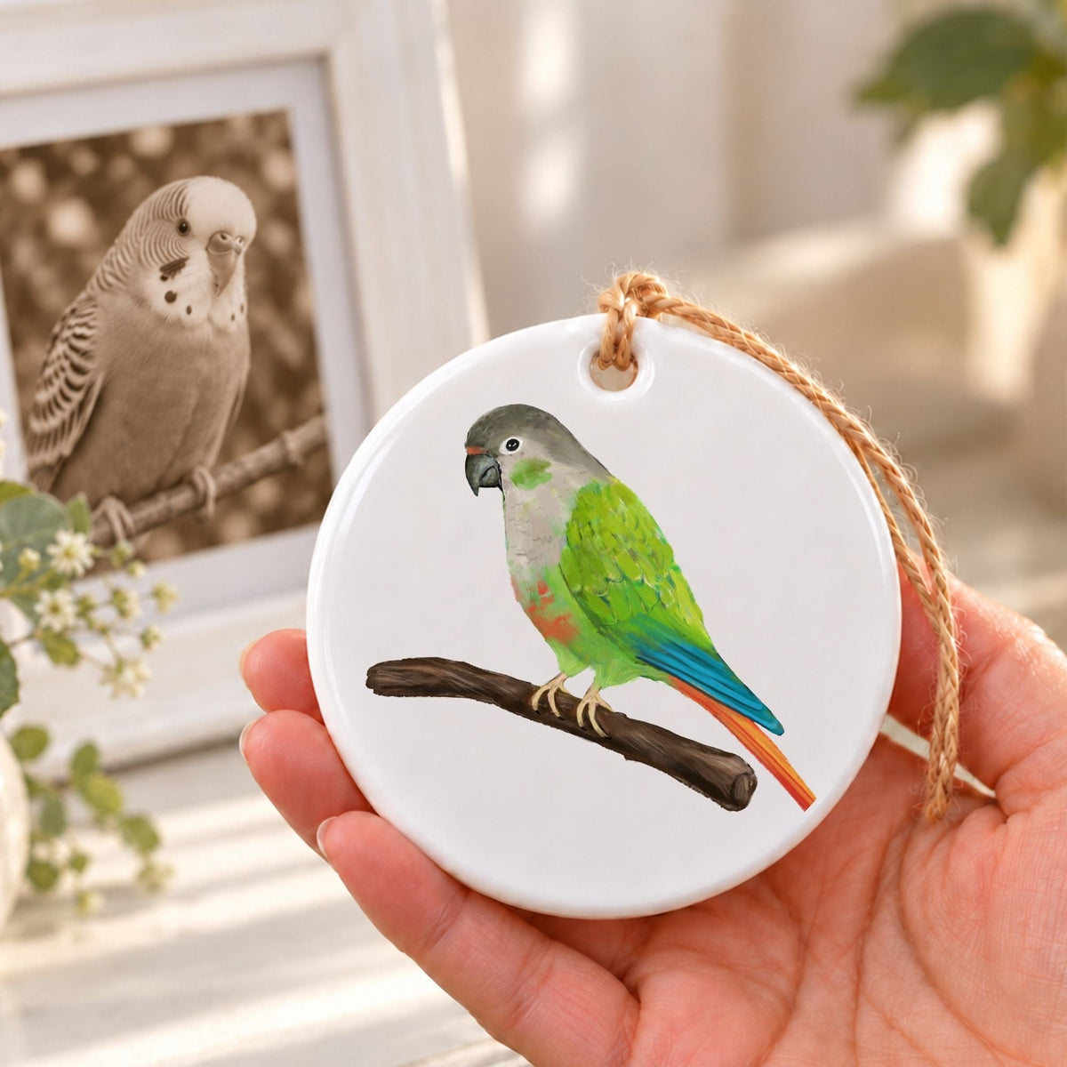 Green Cheek Conure Ceramic Ornament - MerikaArt