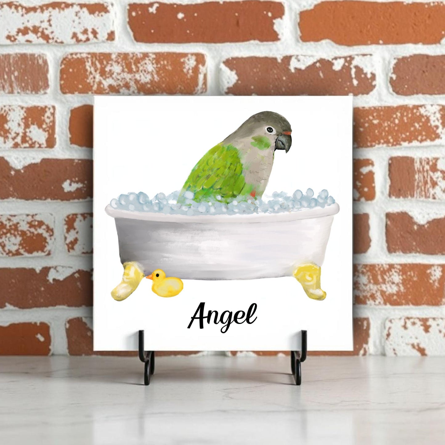 Green Cheek Conure in Bathtub Ceramic Tile – Handcrafted Bird Lover Decor - MerikaArt