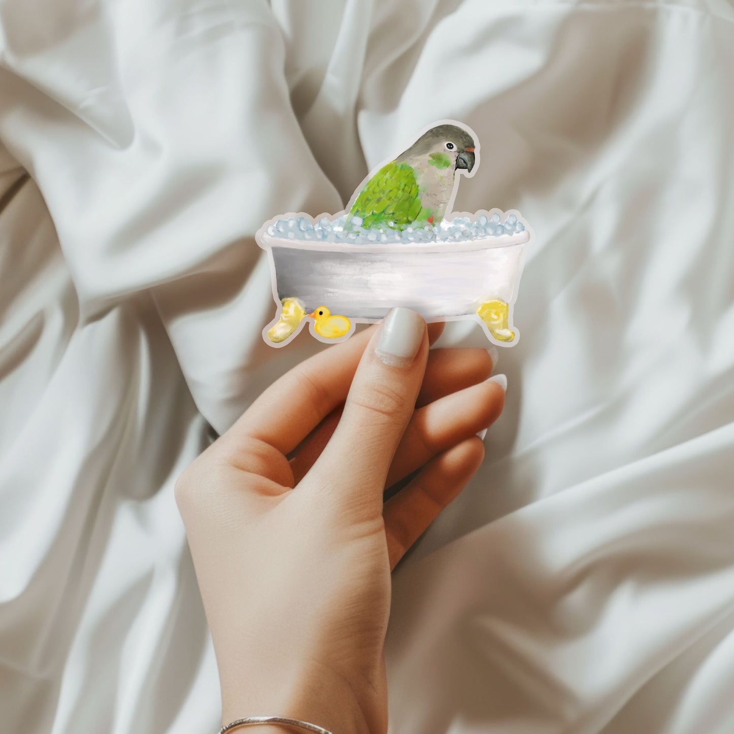 Green Cheek Conure in Bathtub Vinly Sticker - MerikaArt