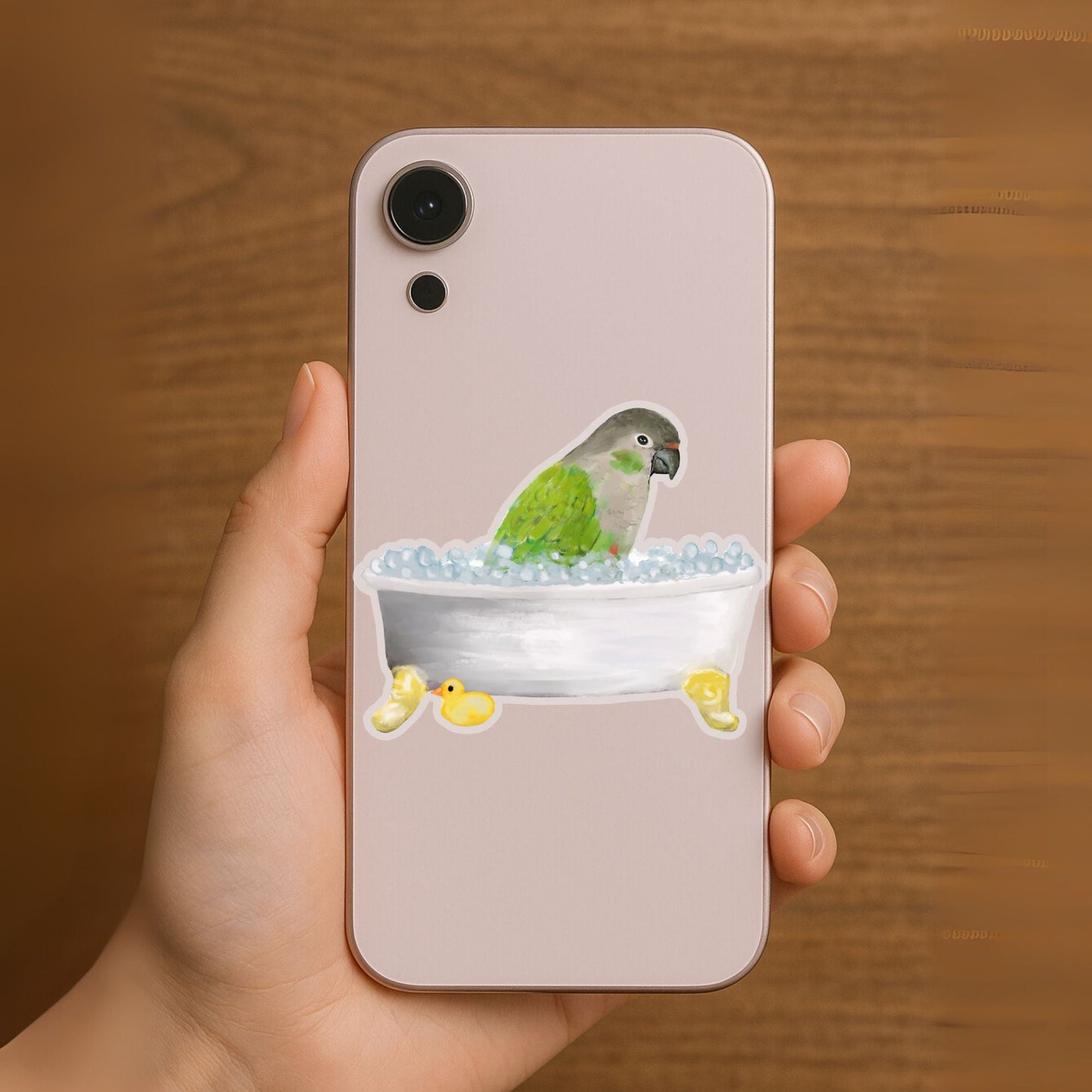 Green Cheek Conure in Bathtub Vinly Sticker - MerikaArt