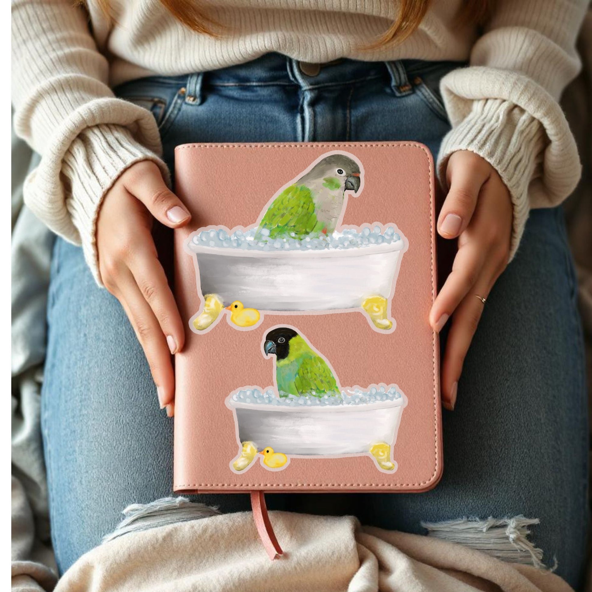 Green Cheek Conure in Bathtub Vinly Sticker - MerikaArt