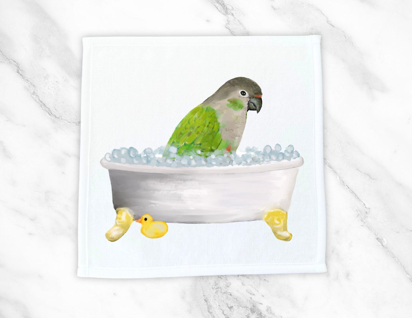 Green Cheek Conure in Bubble Bath Washcloth – A Tropical Bird - Themed Towel - MerikaArt