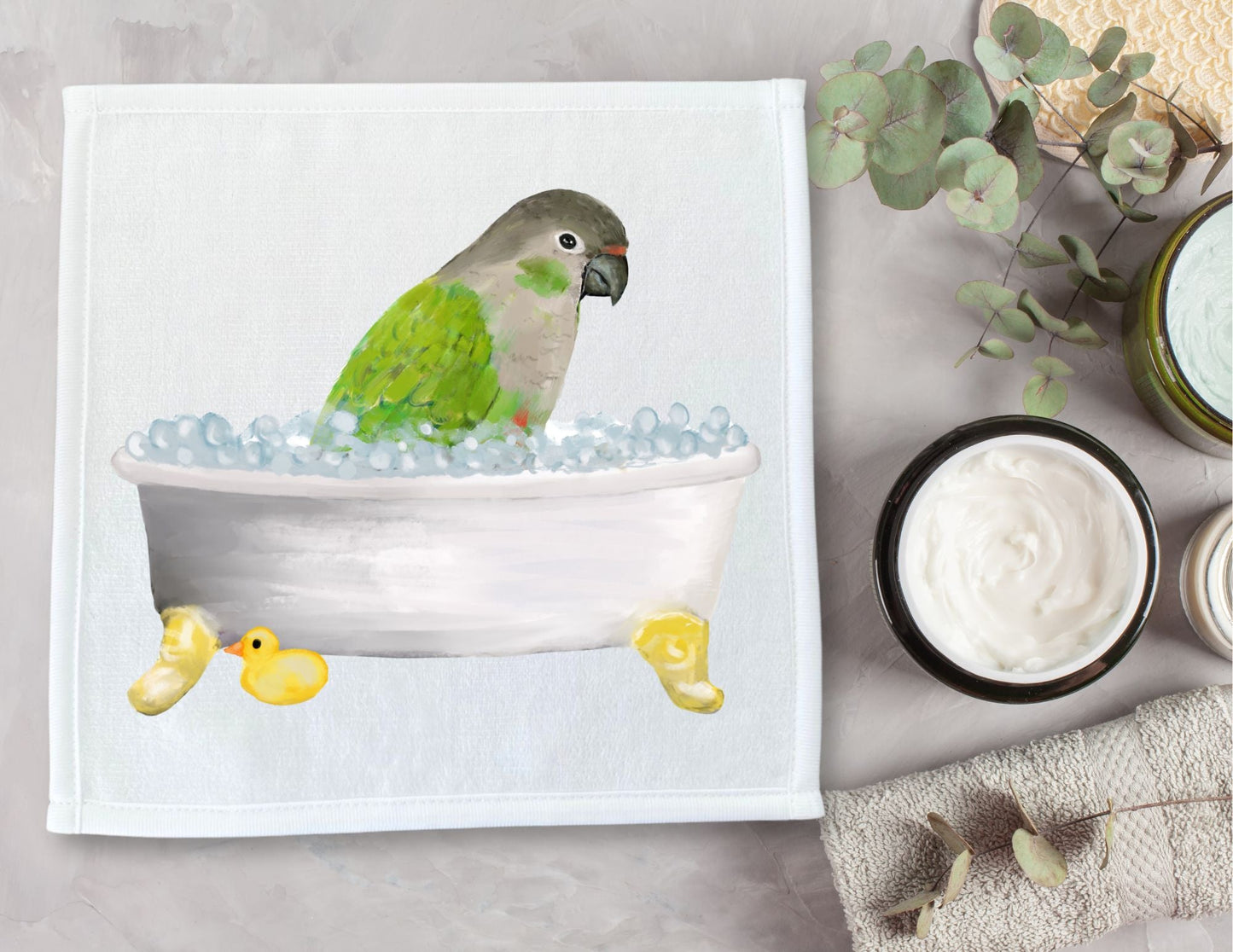 Green Cheek Conure in Bubble Bath Washcloth – A Tropical Bird - Themed Towel - MerikaArt