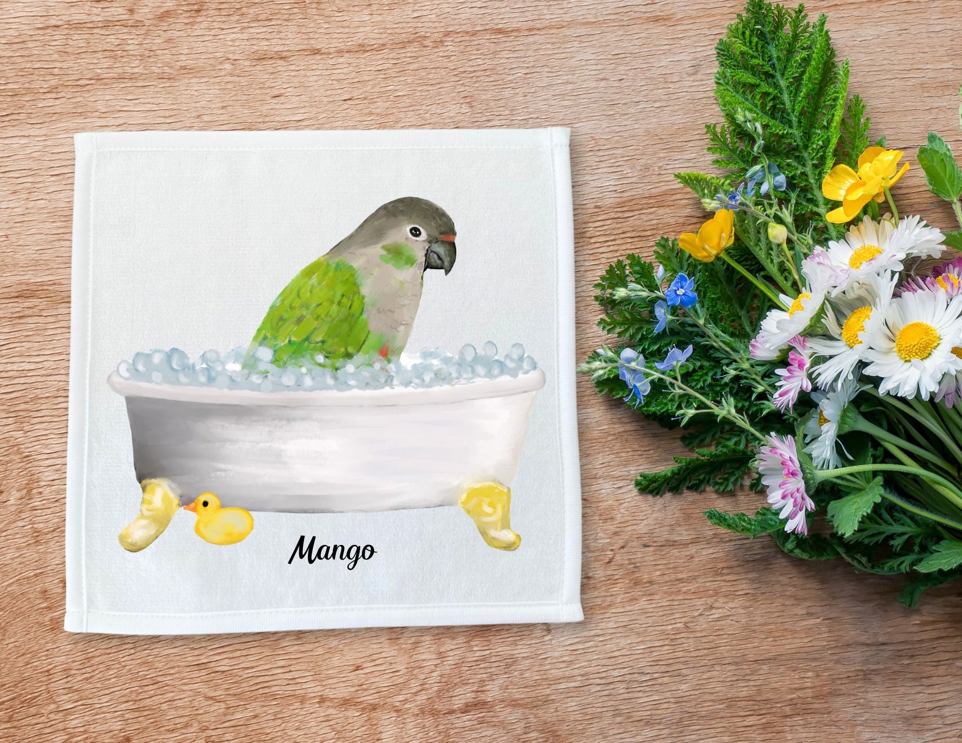 Green Cheek Conure in Bubble Bath Washcloth – A Tropical Bird - Themed Towel - MerikaArt