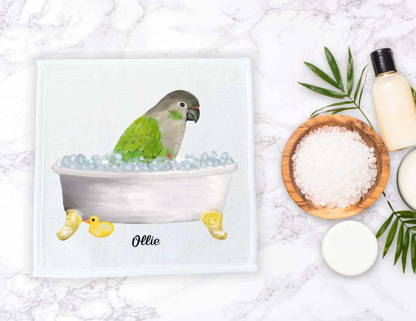 Green Cheek Conure in Bubble Bath Washcloth – A Tropical Bird - Themed Towel - MerikaArt